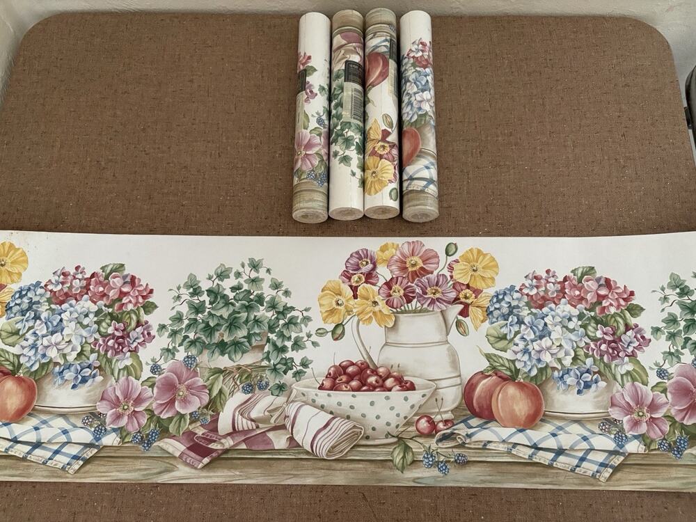 Wallpaper Border Cherries Fruit Flowers Pre Pasted 5 Rolls 15 Ft Ea 10.25” Wide